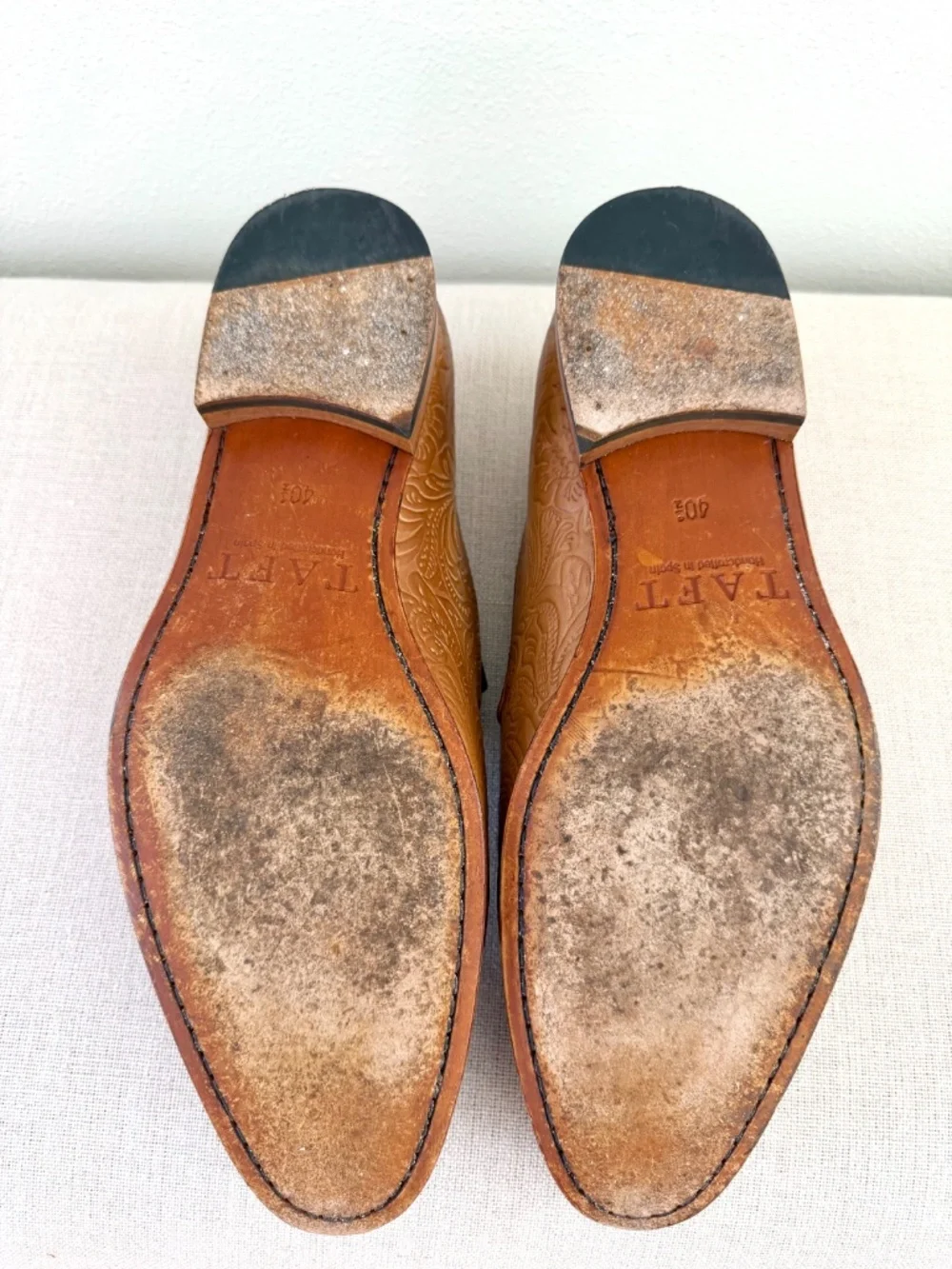 TAFT Mens Embossed Floral Leather Loafers Cognac Tan Handmade Spain EU 40.5